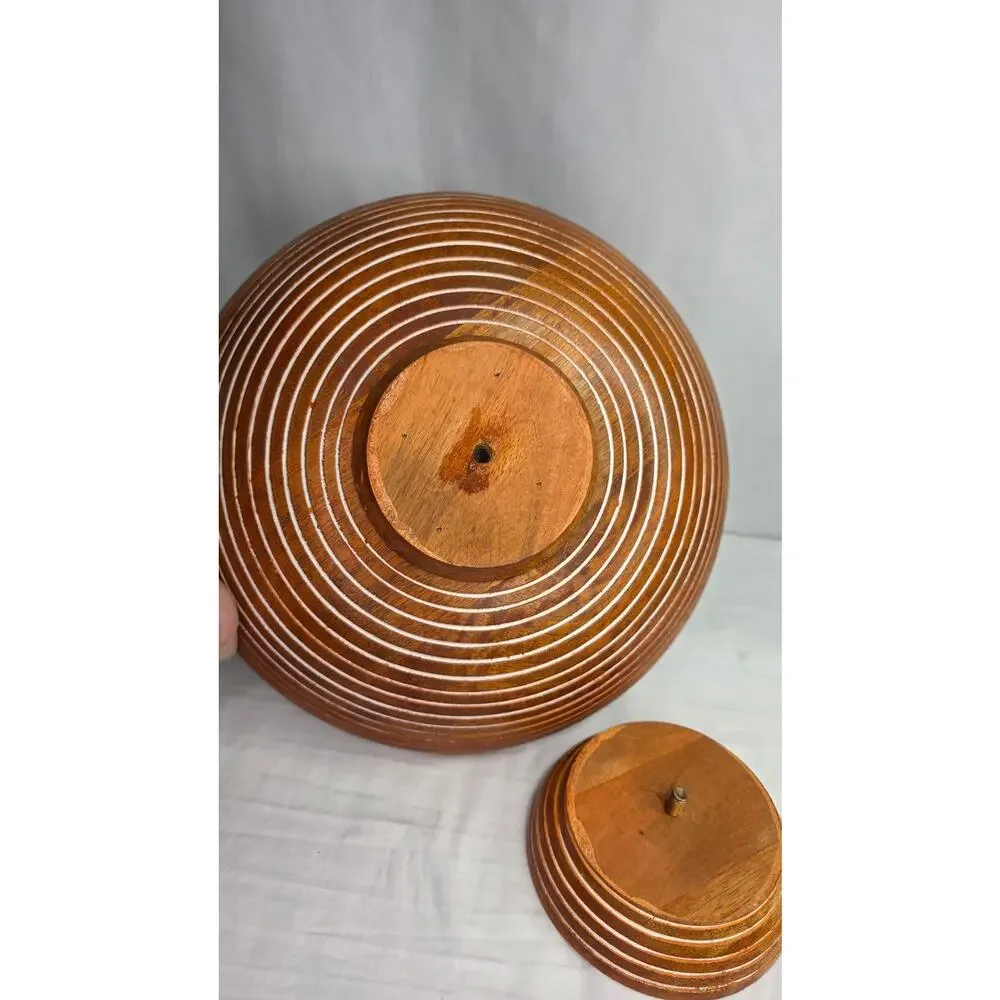 Mango Wood Salad Bowl 12” Hand Carved Striped Decorative Rustic Farmhouse